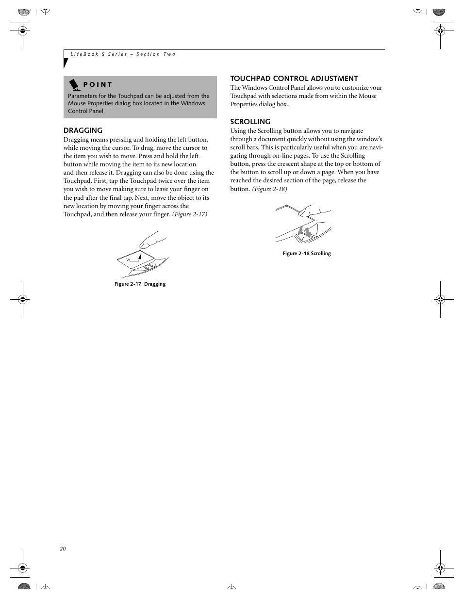 Dragging, Touchpad control adjustment, Scrolling | Dragging touchpad control adjustment scrolling | FUJITSU DVD Player User Manual | Page 30 / 108