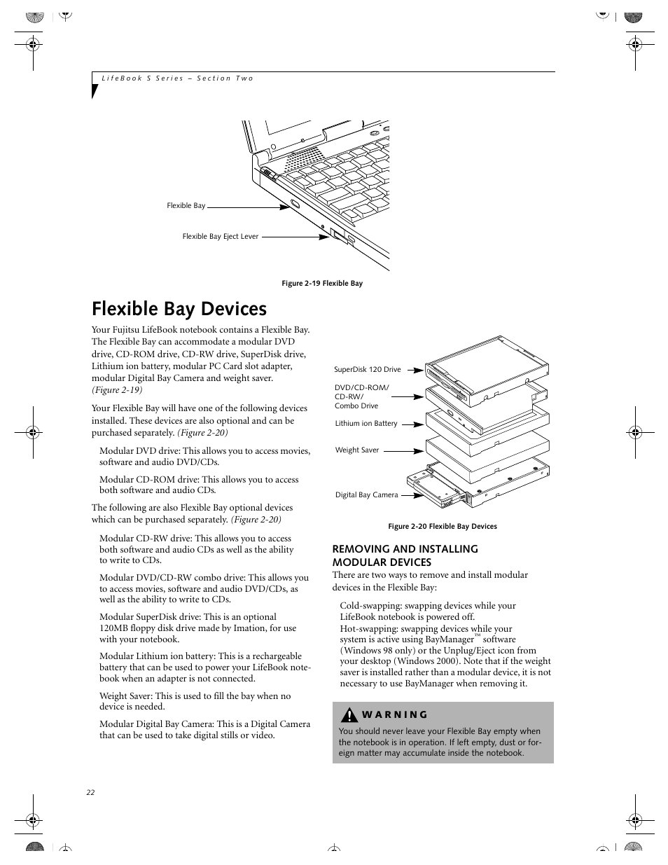 Removing and installing modular devices, Flexible bay devices | FUJITSU DVD Player User Manual | Page 32 / 108