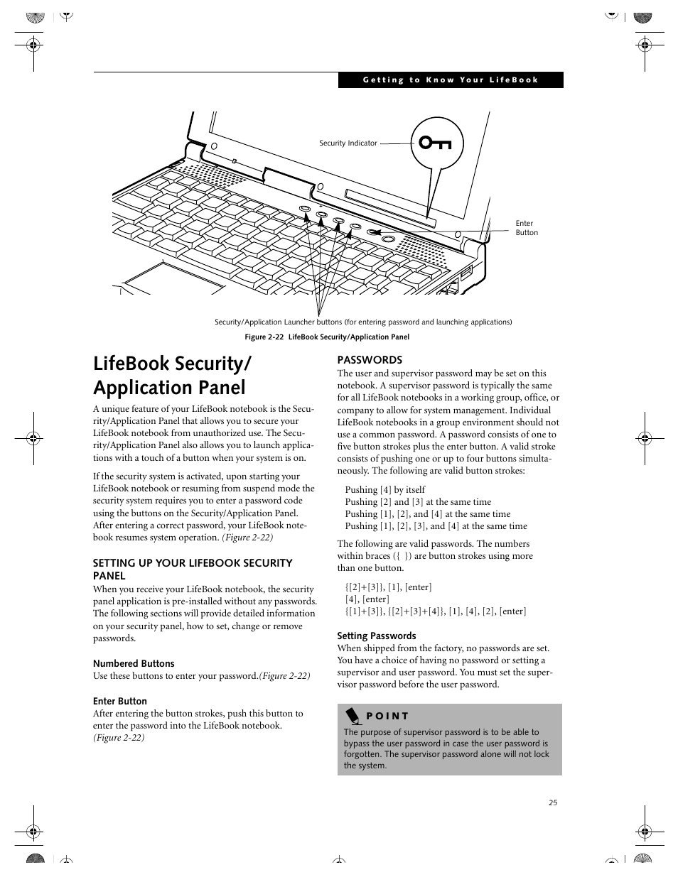 Setting up your lifebook security panel, Numbered buttons, Enter button | Passwords, Setting passwords, Lifebook security/ application panel, Setting up your lifebook security panel passwords | FUJITSU DVD Player User Manual | Page 35 / 108