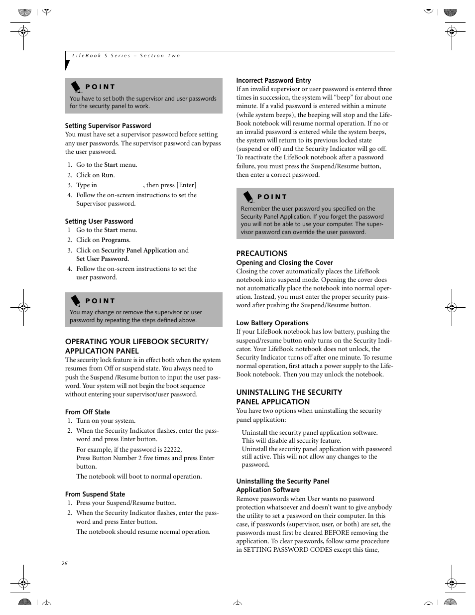 Setting supervisor password, Setting user password, From off state | From suspend state, Incorrect password entry, Precautions, Low battery operations, Uninstalling the security panel application, Operating your lifebook security, Application panel | FUJITSU DVD Player User Manual | Page 36 / 108