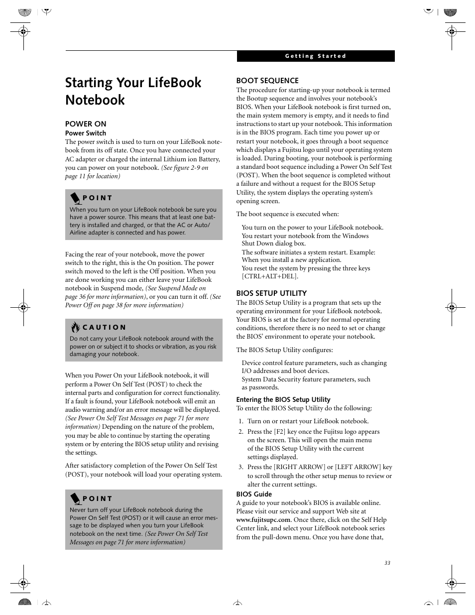 Power on, Boot sequence, Bios setup utility | Entering the bios setup utility, Bios guide, Starting your lifebook notebook, Power on boot sequence bios setup utility | FUJITSU DVD Player User Manual | Page 43 / 108