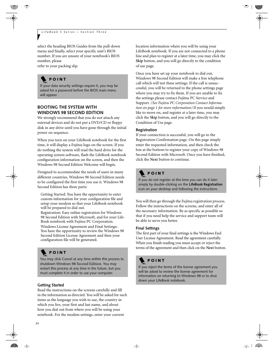 Booting the system with windows 98 second edition, Getting started, Registration | Final settings, Booting the system with, Windows 98 second edition | FUJITSU DVD Player User Manual | Page 44 / 108