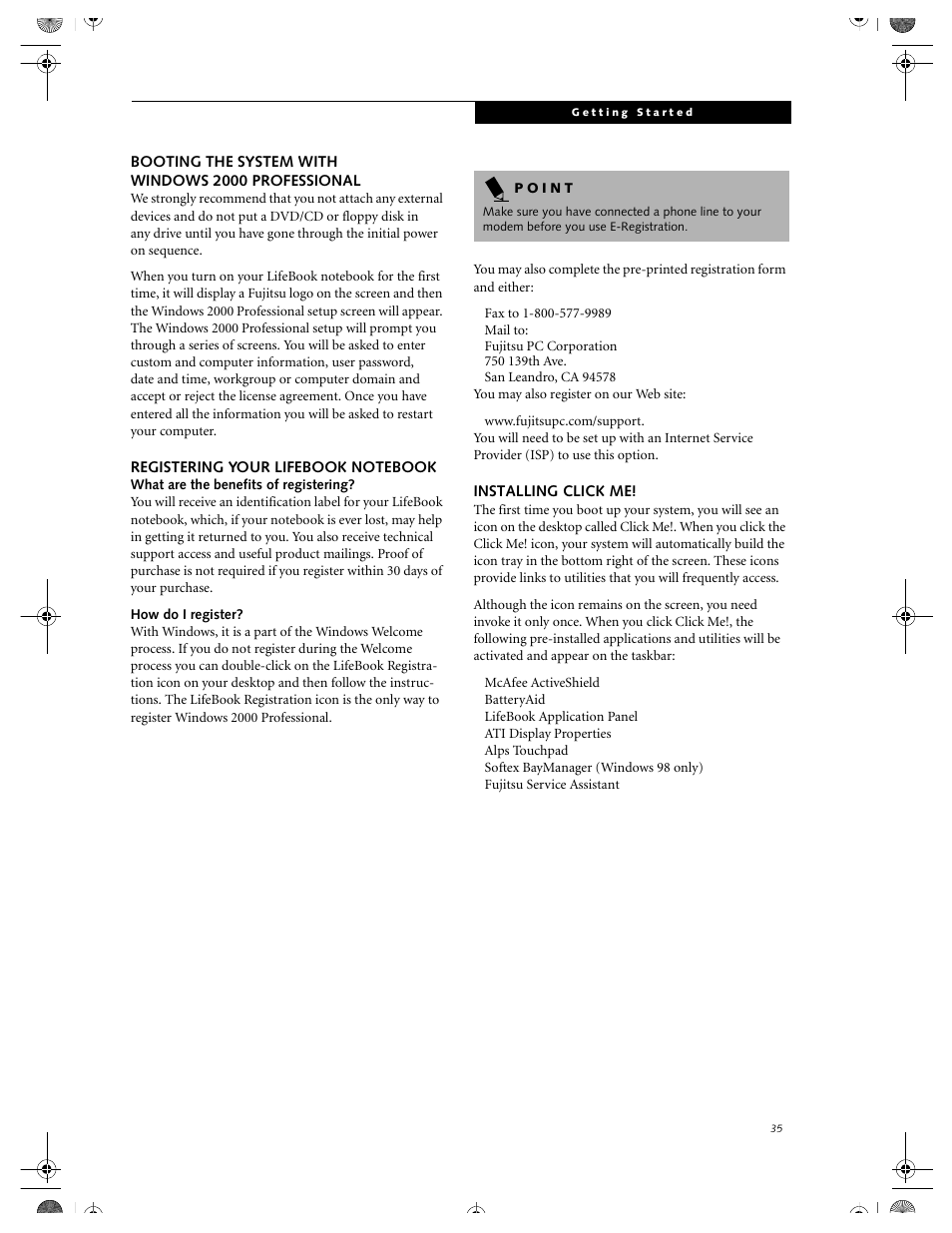 Booting the system with windows 2000 professional, Registering your lifebook notebook, How do i register | Installing click me, Booting the system with, Windows 2000 professional | FUJITSU DVD Player User Manual | Page 45 / 108