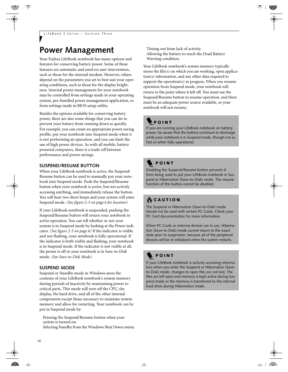 Suspend/resume button, Suspend mode, Power management | Suspend/resume button suspend mode | FUJITSU DVD Player User Manual | Page 46 / 108