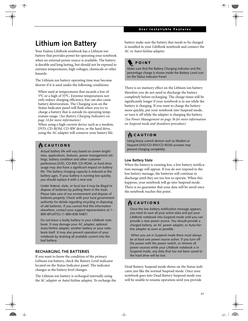 Recharging the batteries, Low battery state, Lithium ion battery | FUJITSU DVD Player User Manual | Page 51 / 108