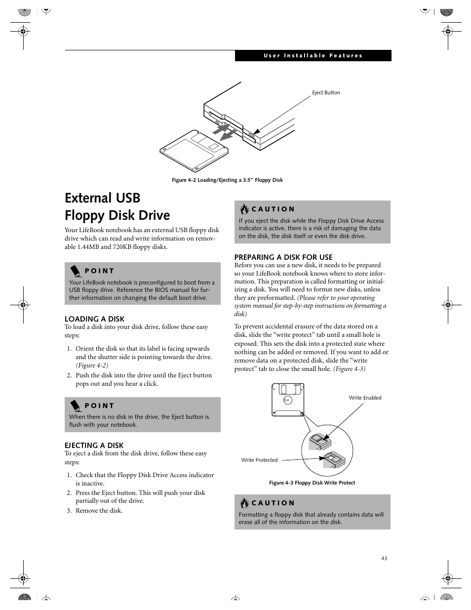 Loading a disk, Ejecting a disk, Preparing a disk for use | External usb floppy disk drive | FUJITSU DVD Player User Manual | Page 53 / 108