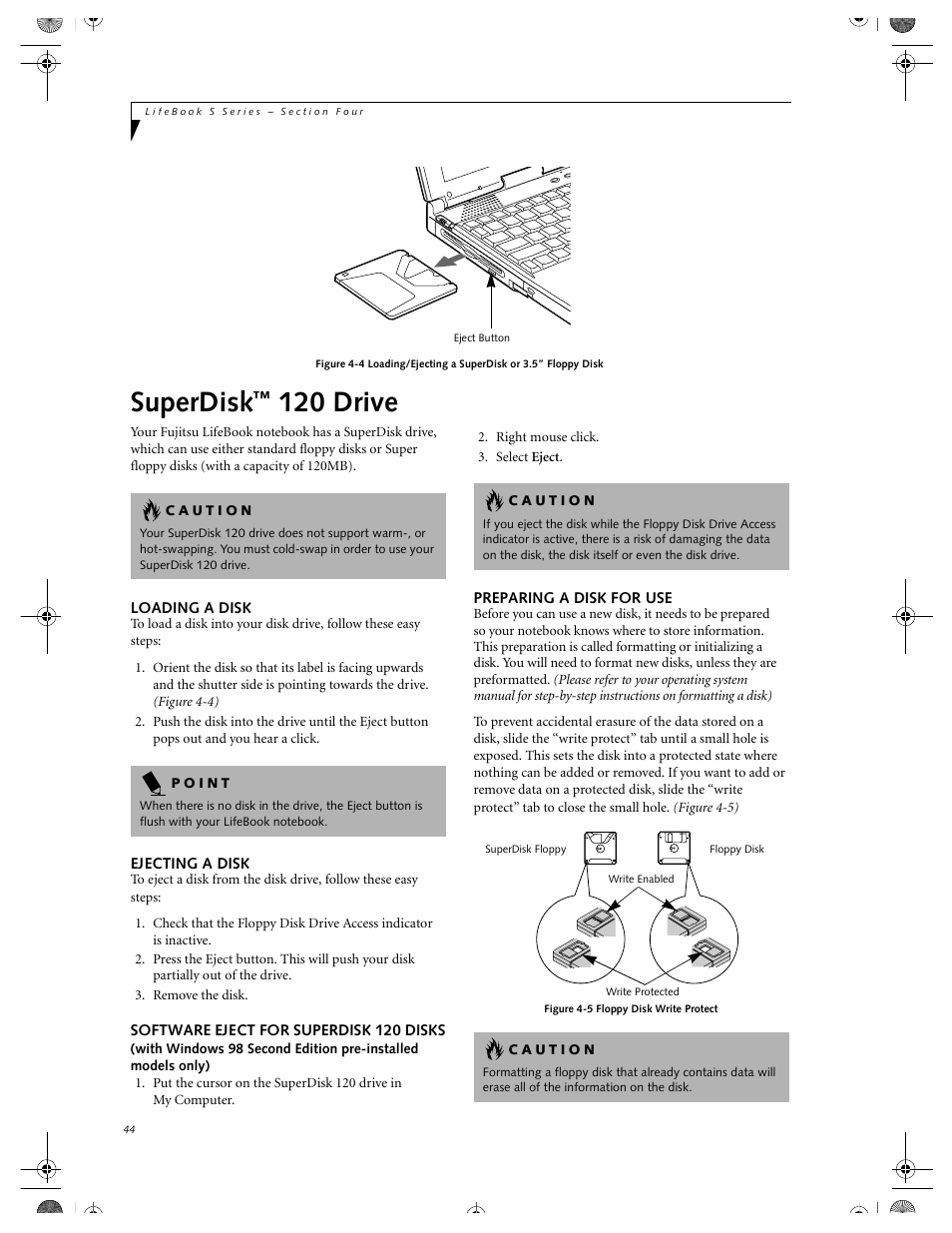 Loading a disk, Ejecting a disk, Software eject for superdisk 120 disks | Preparing a disk for use, Superdisk™ 120 drive, Superdisk, 120 drive | FUJITSU DVD Player User Manual | Page 54 / 108