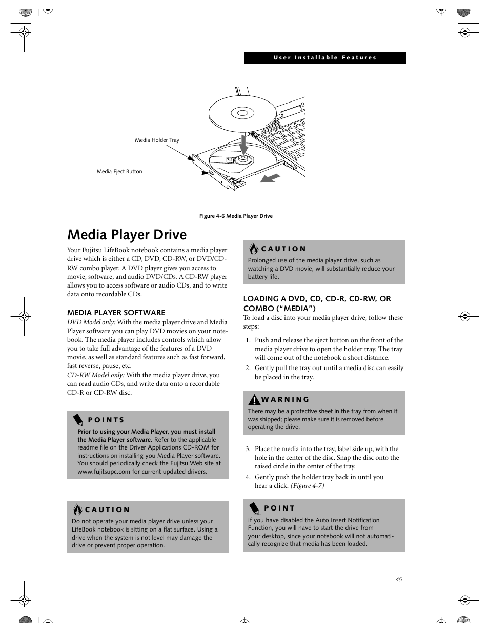 Media player software, Loading a dvd, cd, cd-r, cd-rw, or combo (“media”), Media player drive | Media player software loading a dvd, cd, cd-r, Cd-rw, or combo (“media”) | FUJITSU DVD Player User Manual | Page 55 / 108