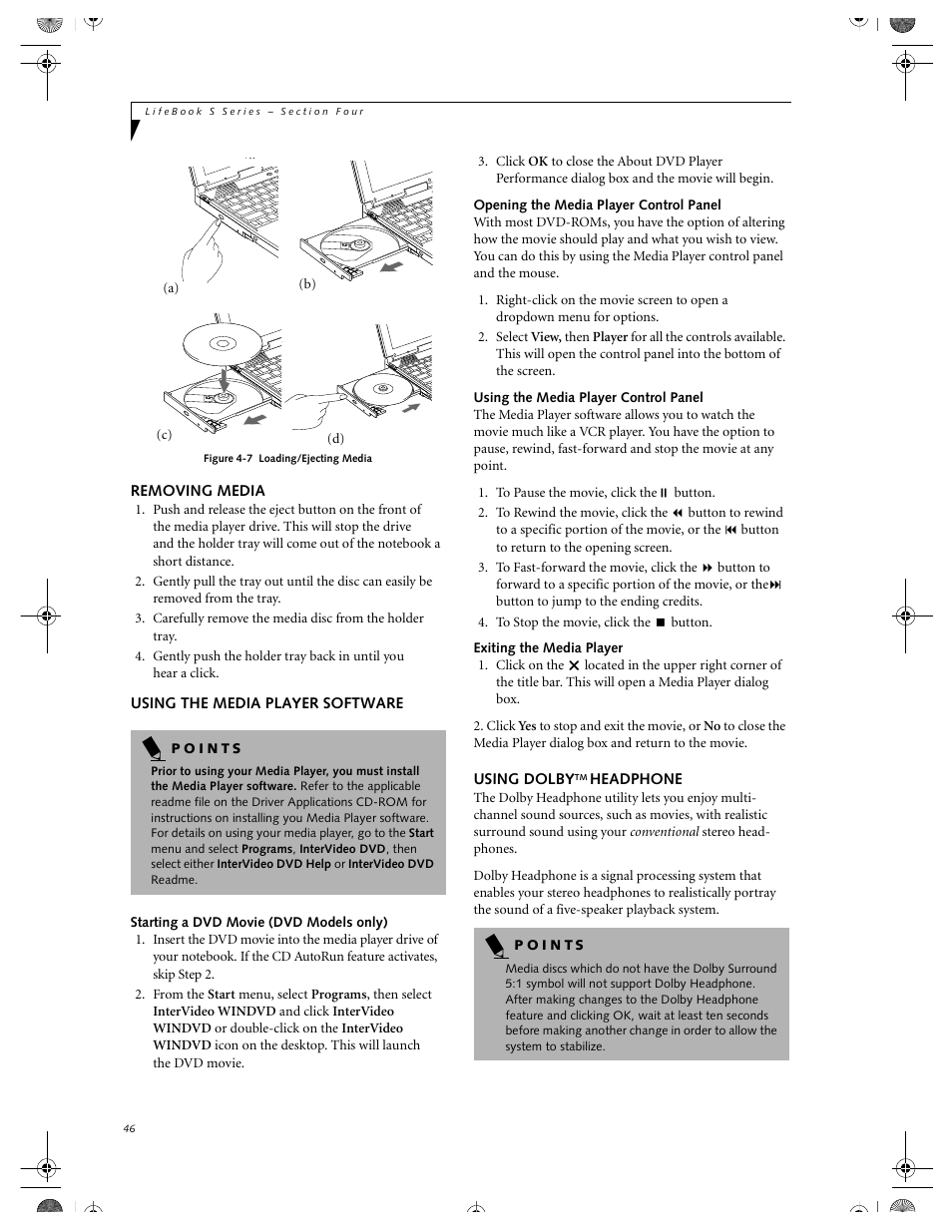 Removing media, Using the media player software, Opening the media player control panel | Using the media player control panel, Exiting the media player, Using dolbytm headphone | FUJITSU DVD Player User Manual | Page 56 / 108