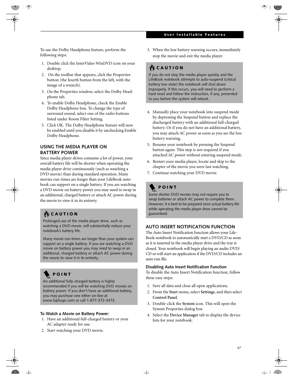 Using the media player on battery power, To watch a movie on battery power, Auto insert notification function | Disabling auto insert notification function, To-run file | FUJITSU DVD Player User Manual | Page 57 / 108