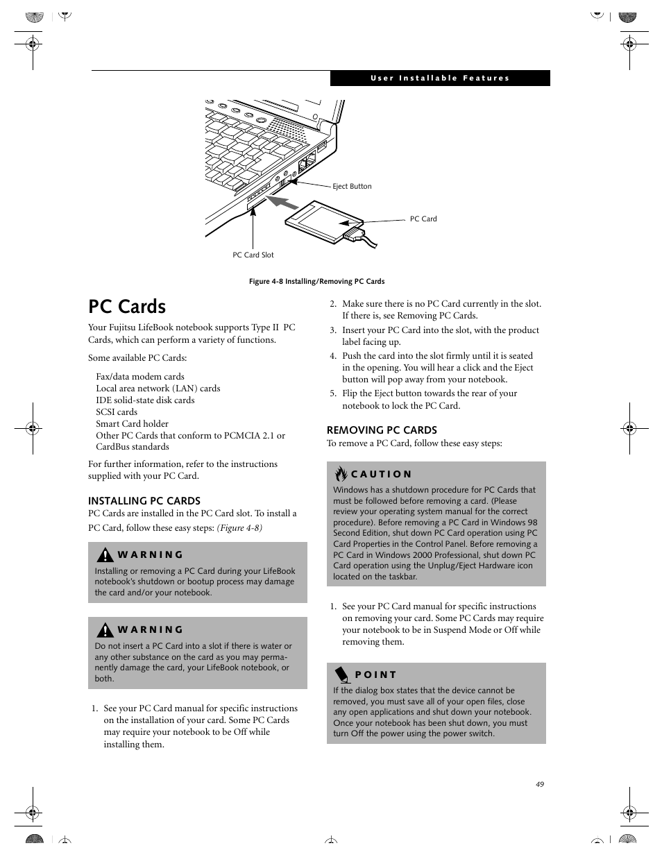 Installing pc cards, Removing pc cards, Pc cards | Installing pc cards removing pc cards | FUJITSU DVD Player User Manual | Page 59 / 108