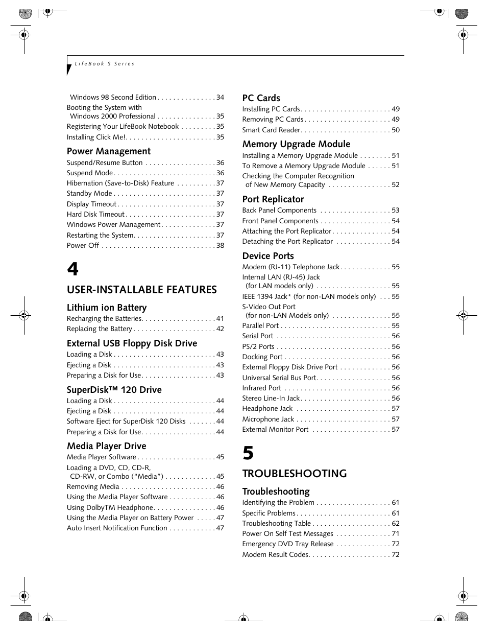 User-installable features, Troubleshooting | FUJITSU DVD Player User Manual | Page 6 / 108