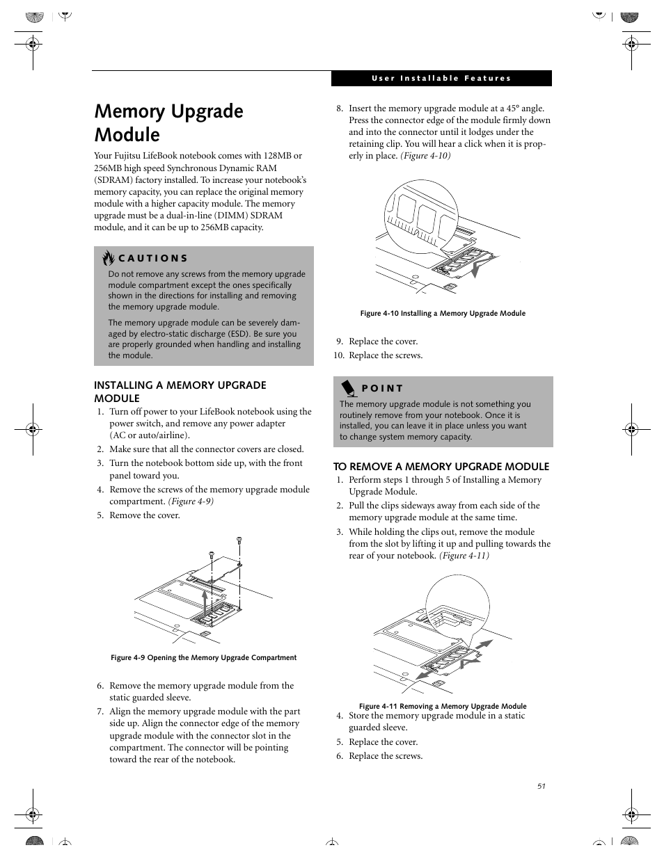 Installing a memory upgrade module, To remove a memory upgrade module, Memory upgrade module | FUJITSU DVD Player User Manual | Page 61 / 108