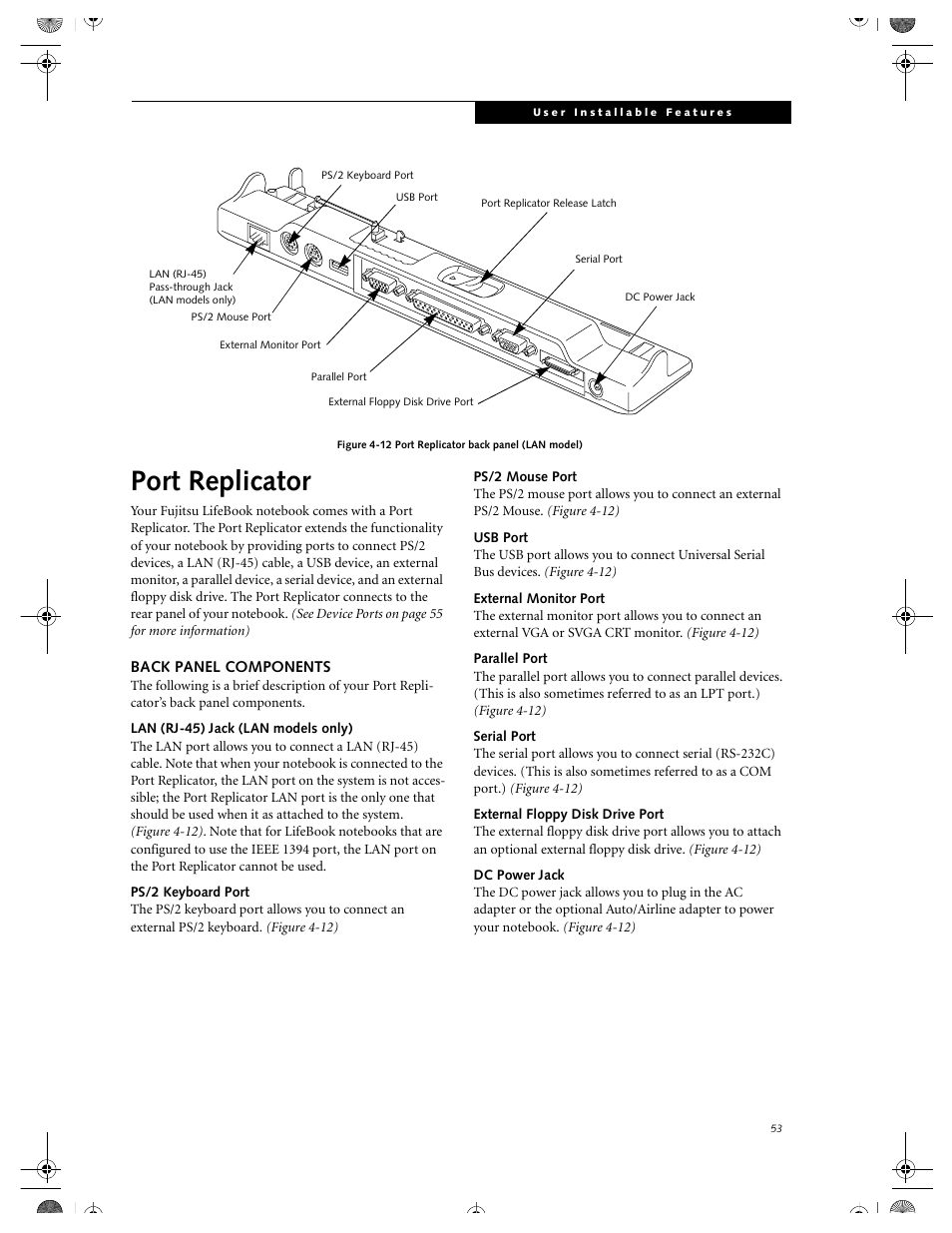Back panel components, Lan (rj-45) jack (lan models only), Ps/2 keyboard port | Ps/2 mouse port, Usb port, External monitor port, Parallel port, Serial port, External floppy disk drive port, Dc power jack | FUJITSU DVD Player User Manual | Page 63 / 108