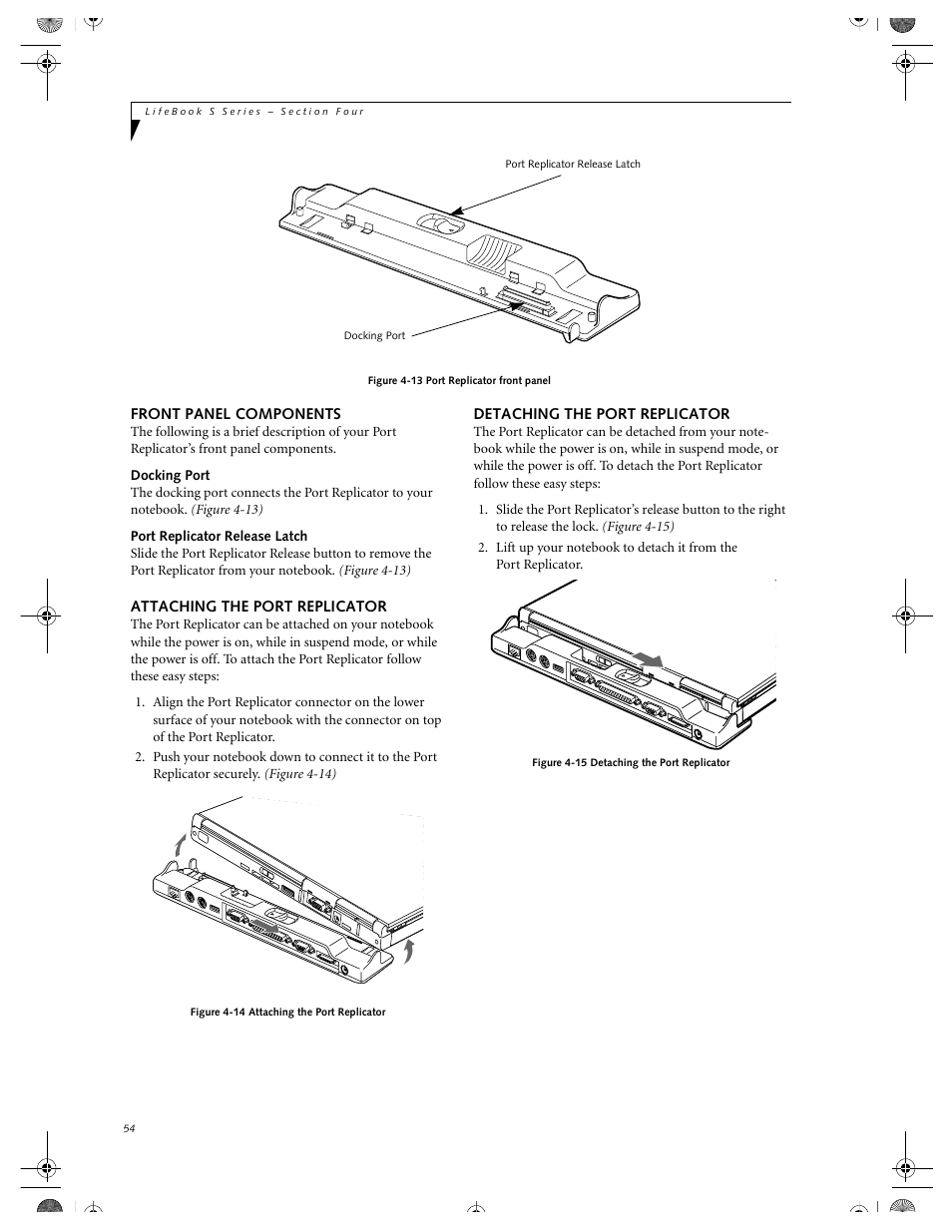 Front panel components, Docking port, Port replicator release latch | Attaching the port replicator, Detaching the port replicator | FUJITSU DVD Player User Manual | Page 64 / 108