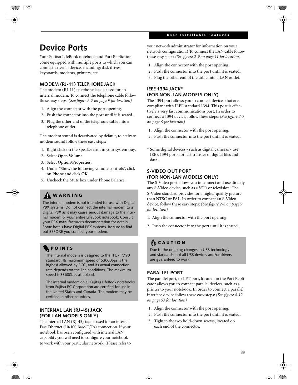 Modem (rj-11) telephone jack, Internal lan (rj-45) jack (for lan models only), Ieee 1394 jack* (for non-lan models only) | S-video out port (for non-lan models only), Parallel port, Device ports, For lan models only), For non-lan models only) | FUJITSU DVD Player User Manual | Page 65 / 108