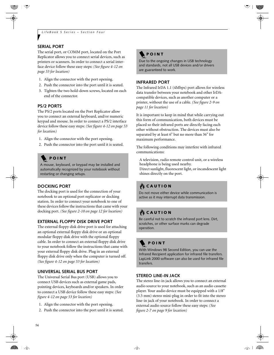 Serial port, Ps/2 ports, Docking port | External floppy disk drive port, Universal serial bus port, Infrared port, Stereo line-in jack | FUJITSU DVD Player User Manual | Page 66 / 108
