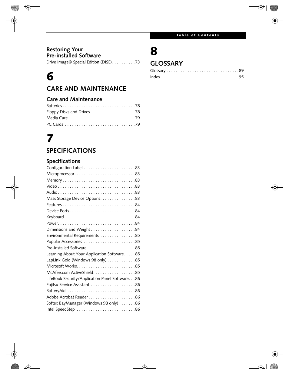 Care and maintenance, Specifications, Glossary | FUJITSU DVD Player User Manual | Page 7 / 108