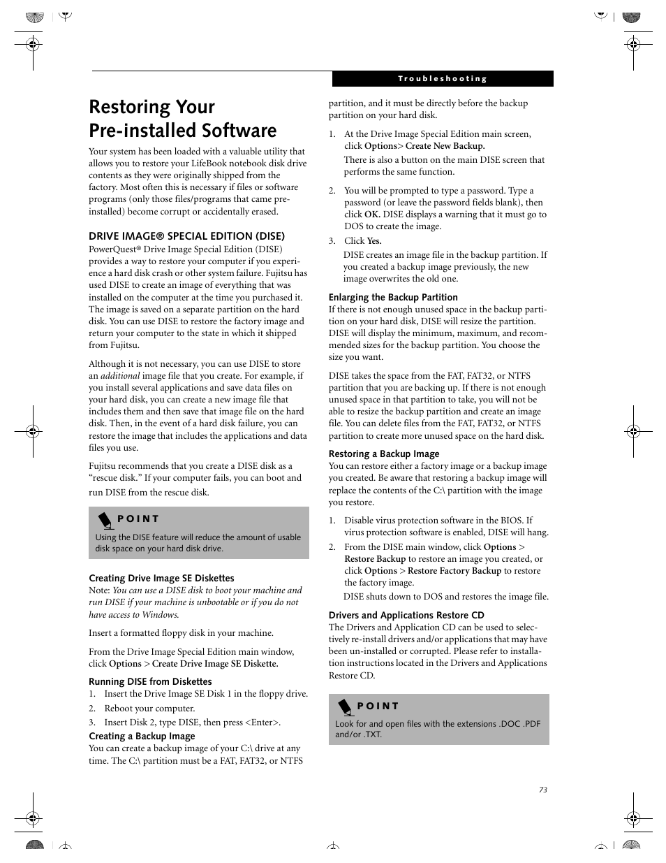 Drive image® special edition (dise), Creating drive image se diskettes, Running dise from diskettes | Creating a backup image, Enlarging the backup partition, Restoring a backup image, Drivers and applications restore cd, Restoring your pre-installed software | FUJITSU DVD Player User Manual | Page 83 / 108