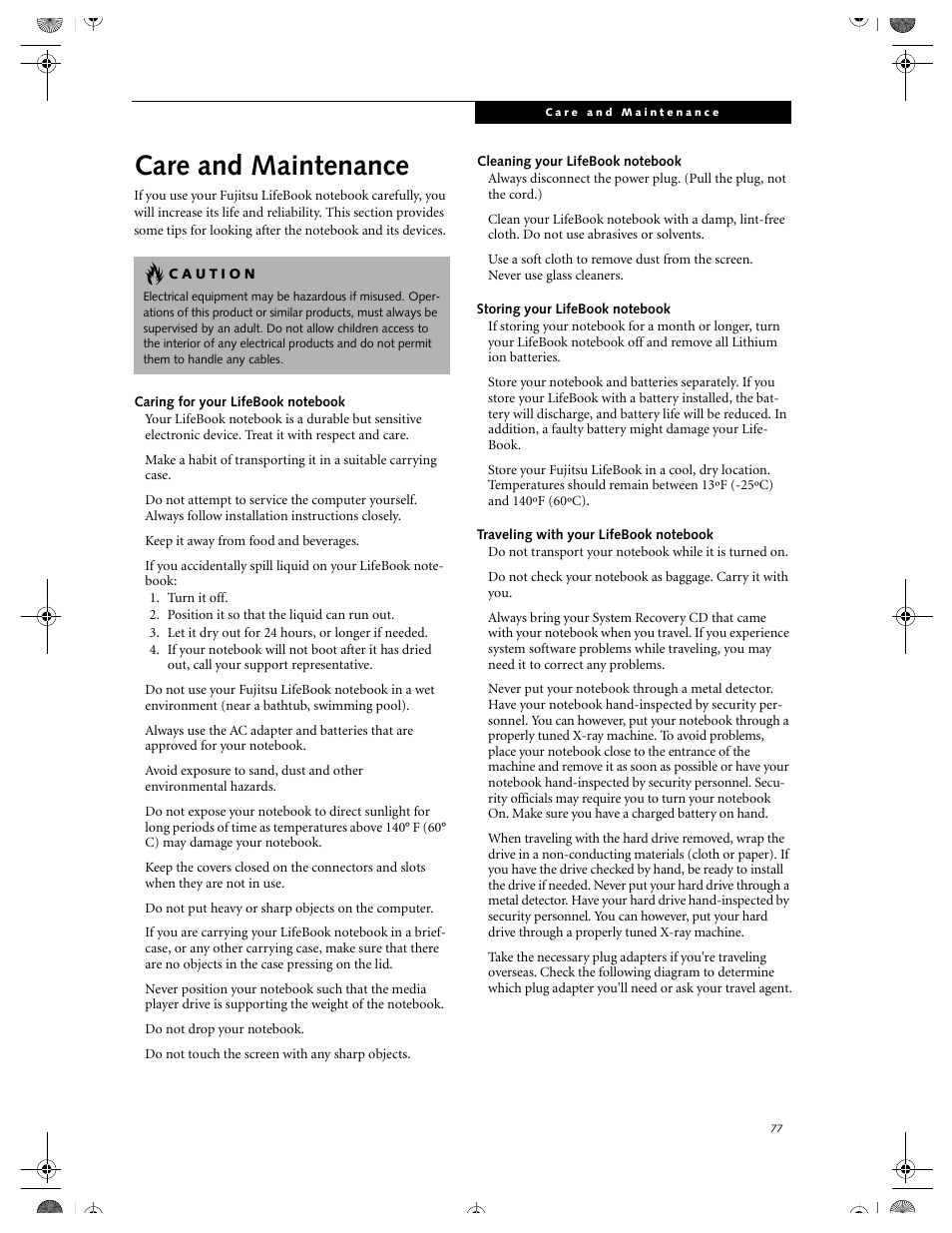 Cleaning your lifebook notebook, Storing your lifebook notebook, Traveling with your lifebook notebook | Care and maintenance | FUJITSU DVD Player User Manual | Page 87 / 108