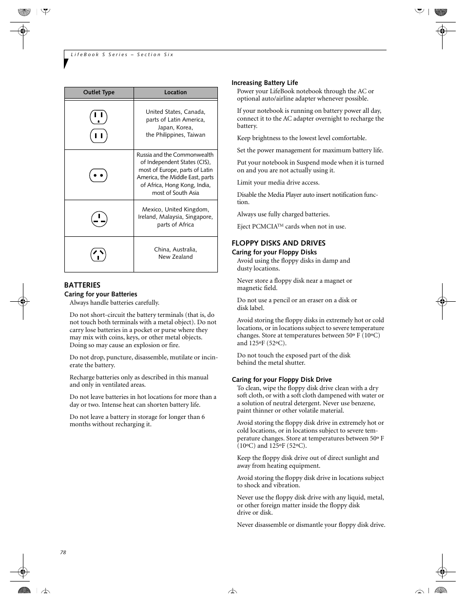Batteries, Increasing battery life, Floppy disks and drives | Caring for your floppy disk drive, Batteries floppy disks and drives | FUJITSU DVD Player User Manual | Page 88 / 108