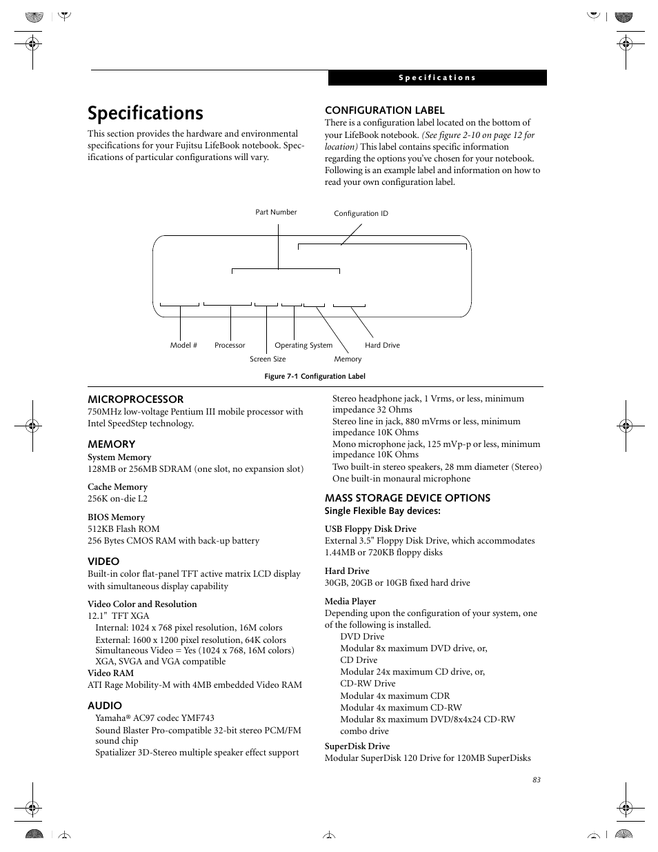 Configuration label, Microprocessor, Memory | Video, Audio, Mass storage device options, Single flexible bay devices, Specifications | FUJITSU DVD Player User Manual | Page 93 / 108