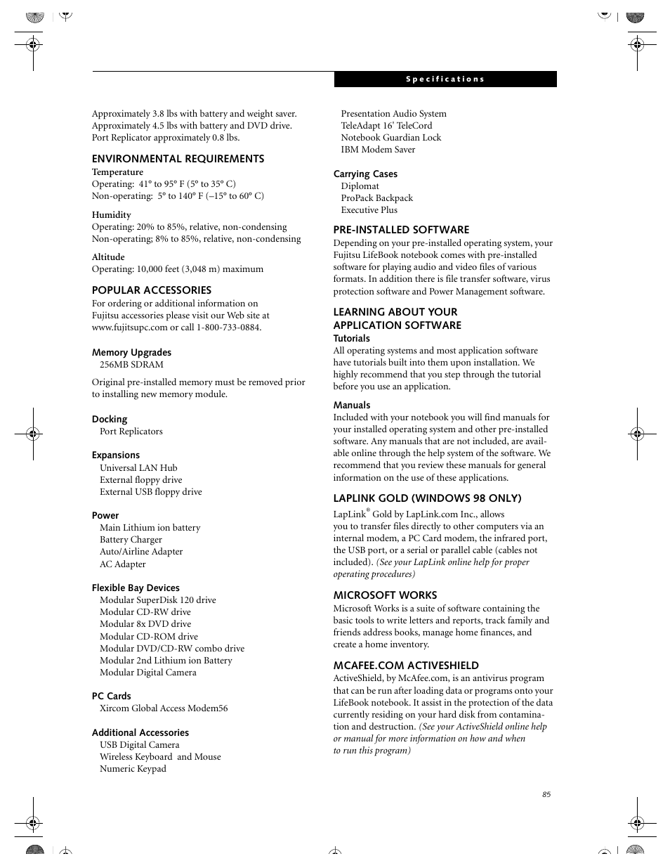 Environmental requirements, Popular accessories, Memory upgrades | Docking, Expansions, Power, Flexible bay devices, Pc cards, Additional accessories, Carrying cases | FUJITSU DVD Player User Manual | Page 95 / 108
