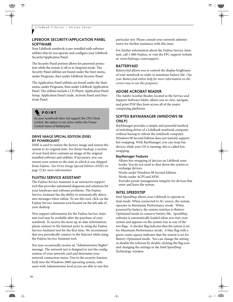 Lifebook security/application panel software, Drive image special edition (dise) by powerquest, Fujitsu service assistant | Batteryaid, Adobe acrobat reader, Softex baymanager (windows 98 only), Baymanager features, Intel speedstep | FUJITSU DVD Player User Manual | Page 96 / 108