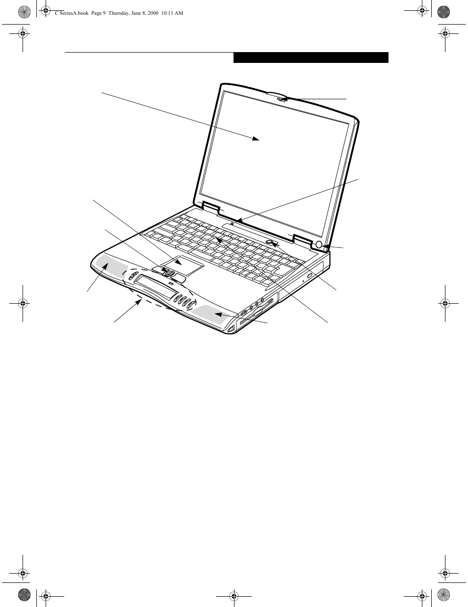 Locating the controls and connectors, Top and front components, Display panel latch | Display panel, Lifebook application panel, Coolview display, Wireless ir mouse receiver, Suspend/resume button | FUJITSU LIFEBOOK C6577 User Manual | Page 17 / 102