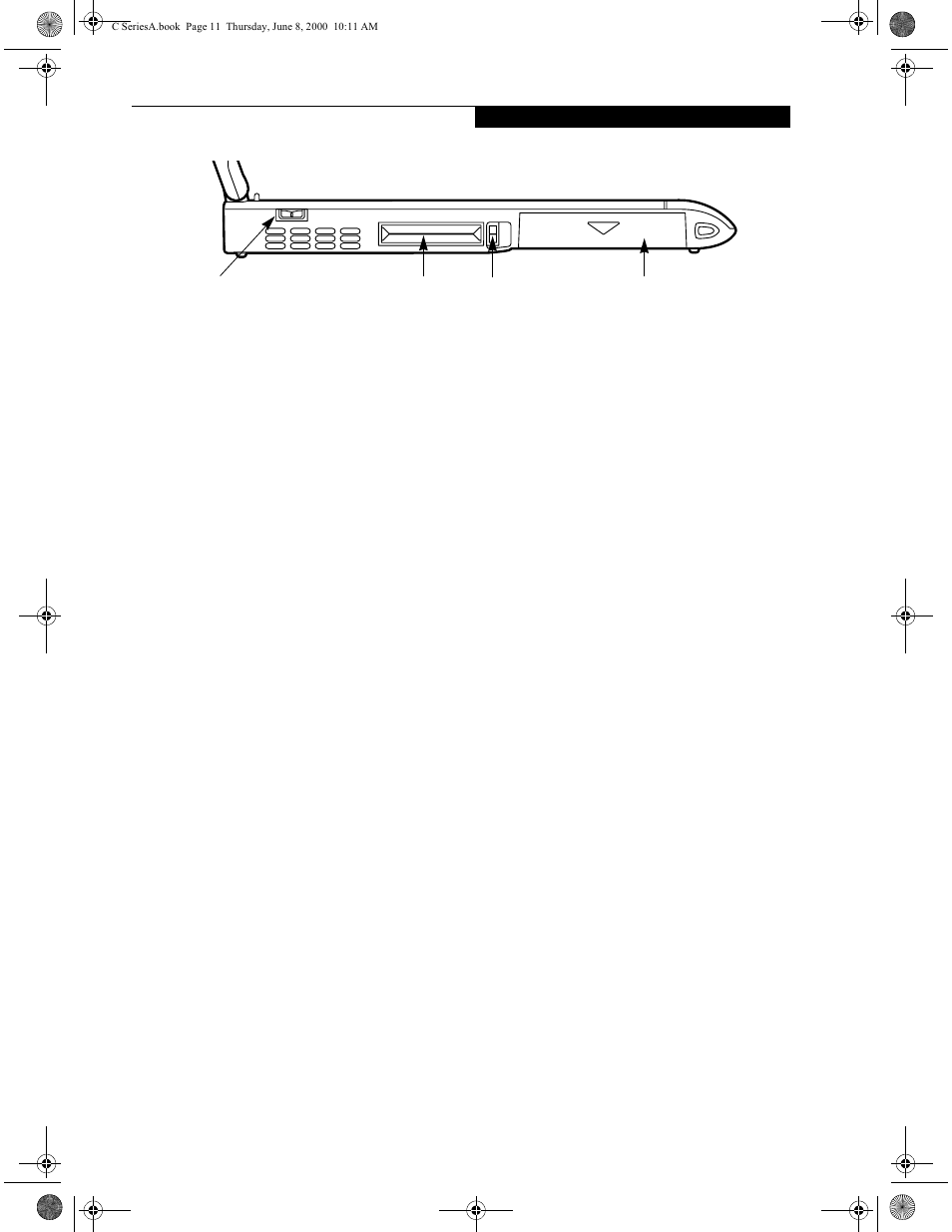 Left-side panel components, Power switch, Pc card slots | Lithium ion battery bay | FUJITSU LIFEBOOK C6577 User Manual | Page 19 / 102