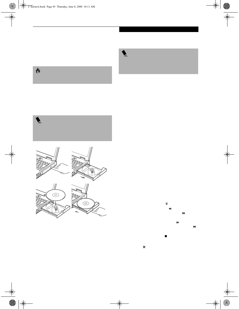 Removing a dvd/cd, Using the dvd player software, Opening the dvd player control panel | Using the dvd player control panel, Exiting the dvd player, Removing a dvd/cd using the dvd player software | FUJITSU LIFEBOOK C6577 User Manual | Page 55 / 102