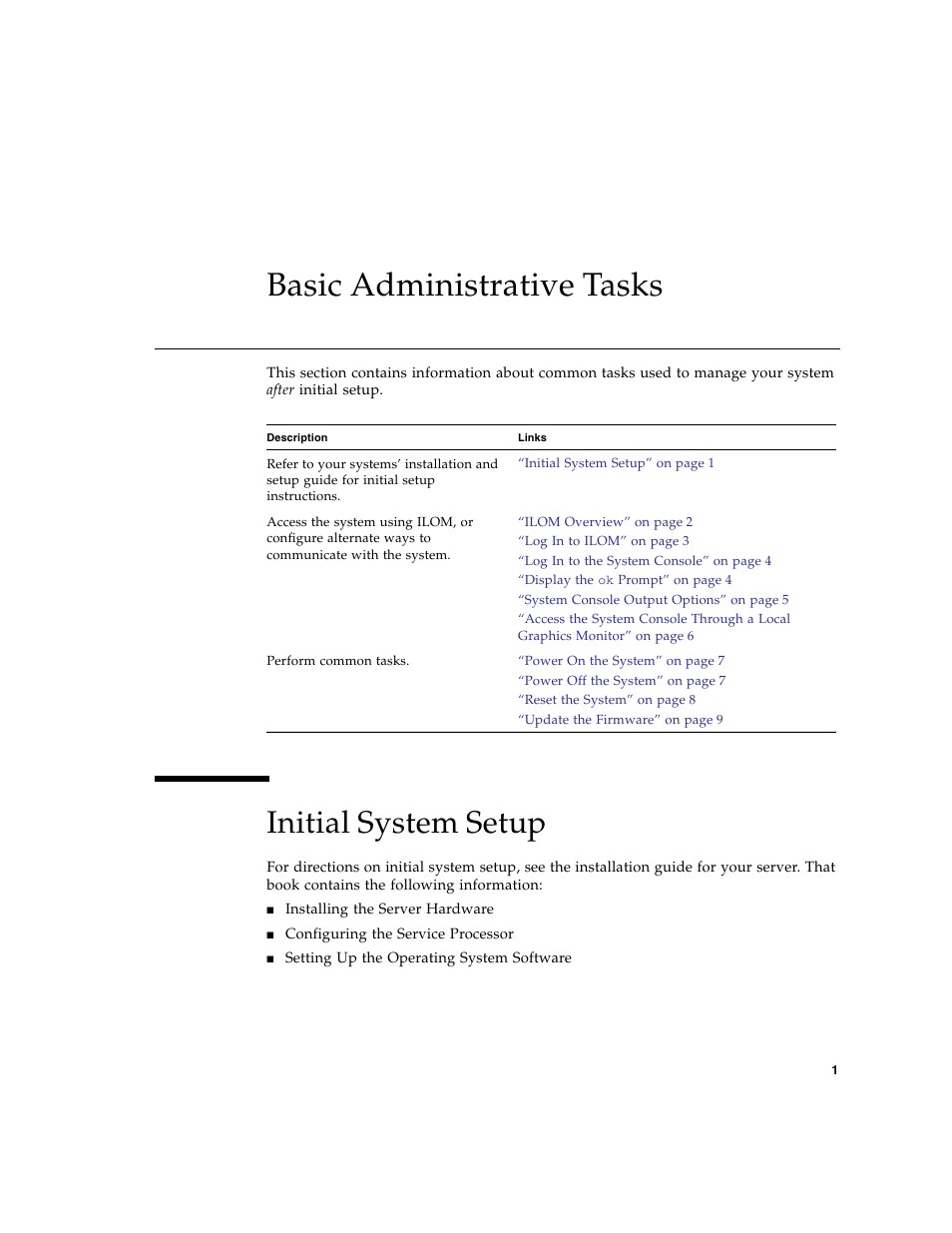 Basic administrative tasks, Initial system setup | FUJITSU Sparc Enterprise Server T5440 User Manual | Page 17 / 72