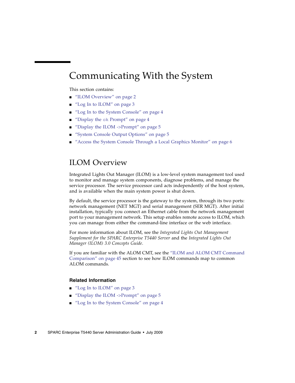 Communicating with the system, Ilom overview, Related information | FUJITSU Sparc Enterprise Server T5440 User Manual | Page 18 / 72