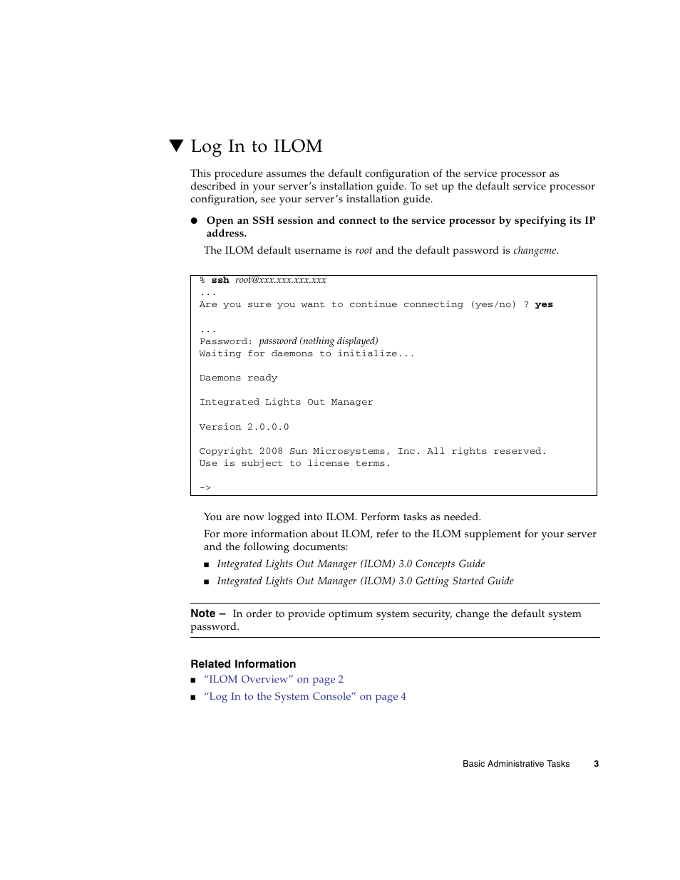 Log in to ilom, Related information | FUJITSU Sparc Enterprise Server T5440 User Manual | Page 19 / 72