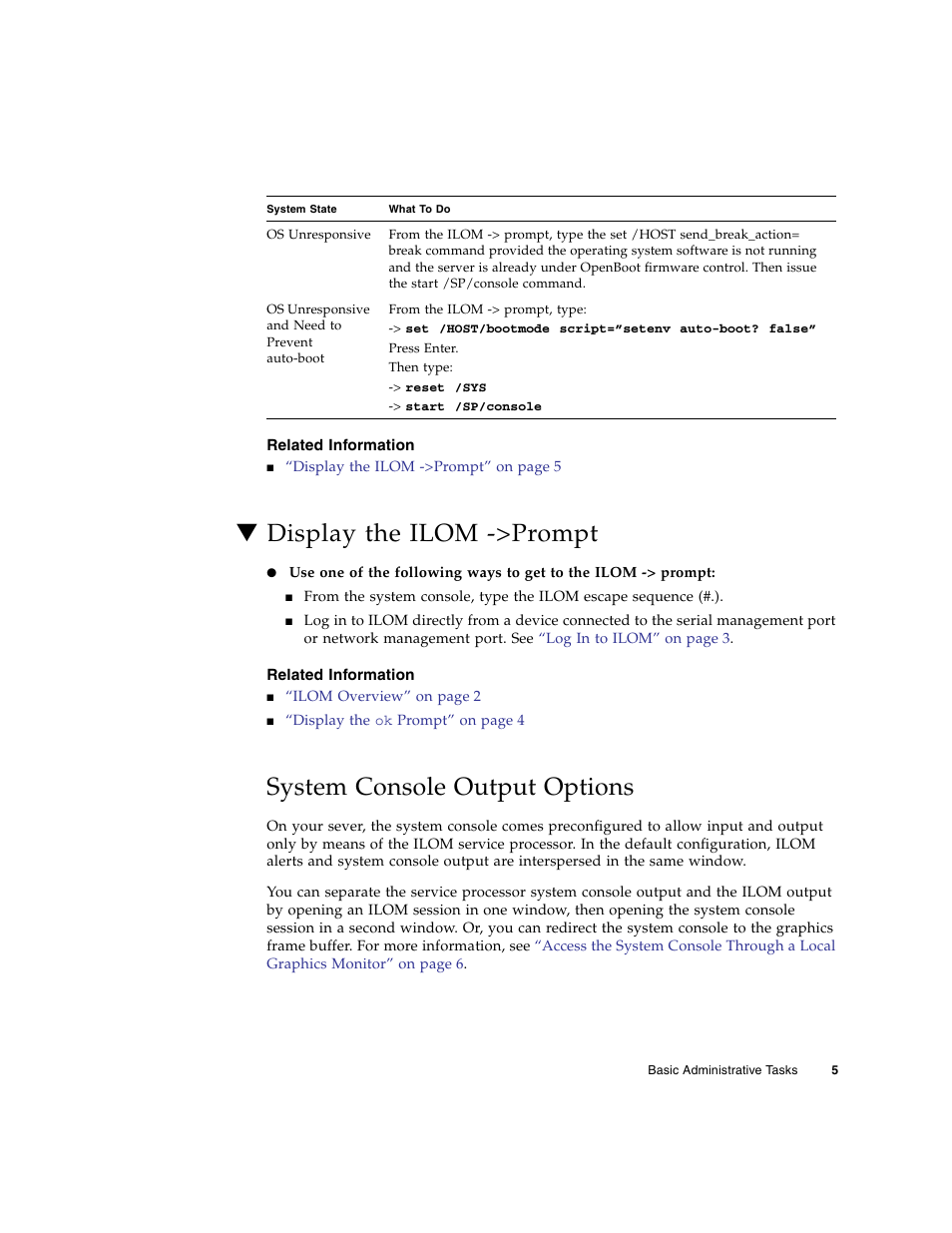 Related information, Display the ilom ->prompt, System console output options | FUJITSU Sparc Enterprise Server T5440 User Manual | Page 21 / 72