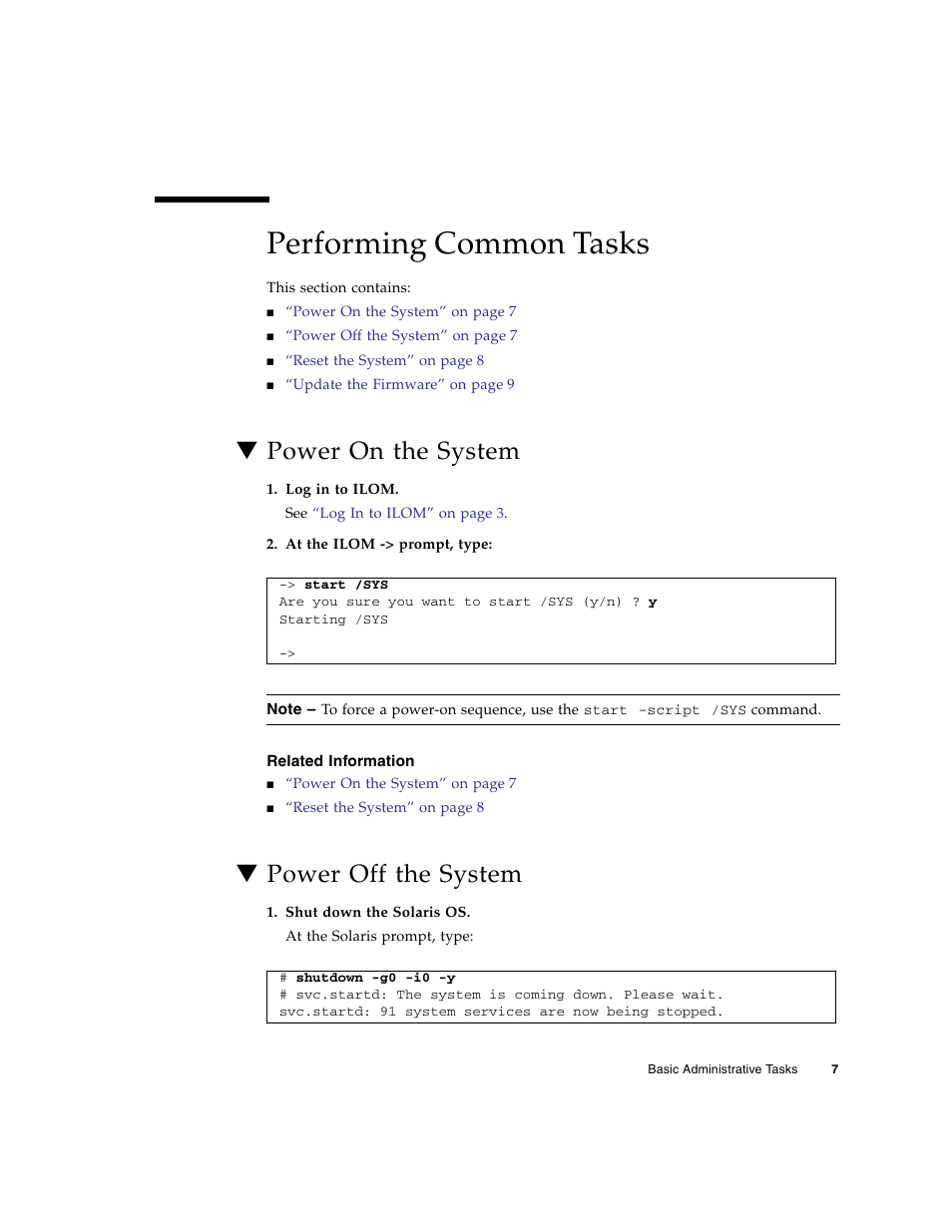 Performing common tasks, Power on the system, Related information | Power off the system | FUJITSU Sparc Enterprise Server T5440 User Manual | Page 23 / 72