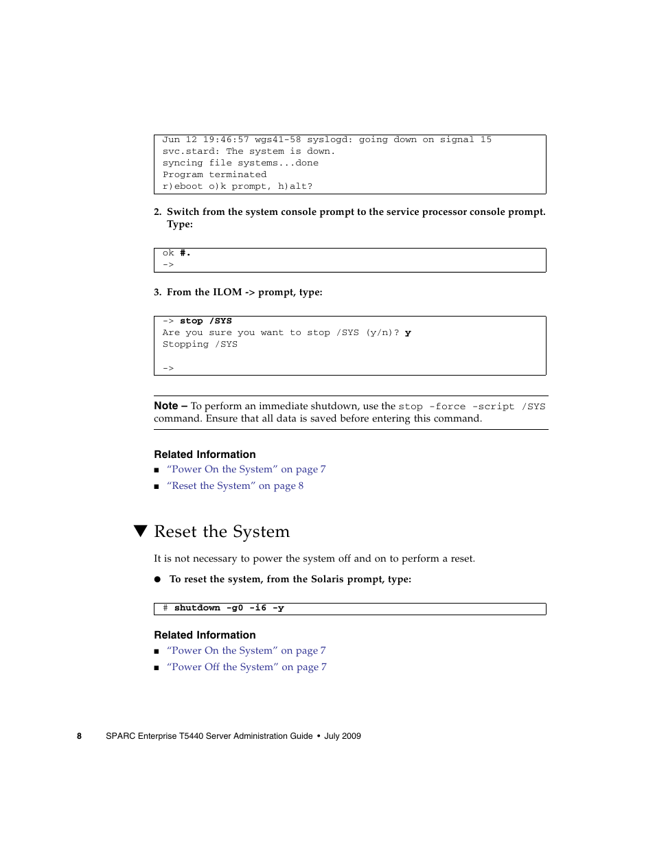 Related information, Reset the system | FUJITSU Sparc Enterprise Server T5440 User Manual | Page 24 / 72