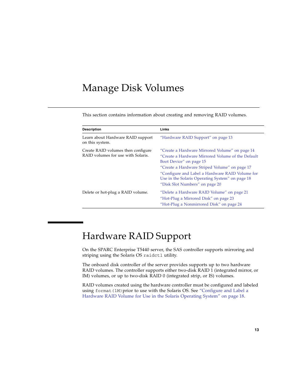 Manage disk volumes, Hardware raid support | FUJITSU Sparc Enterprise Server T5440 User Manual | Page 29 / 72