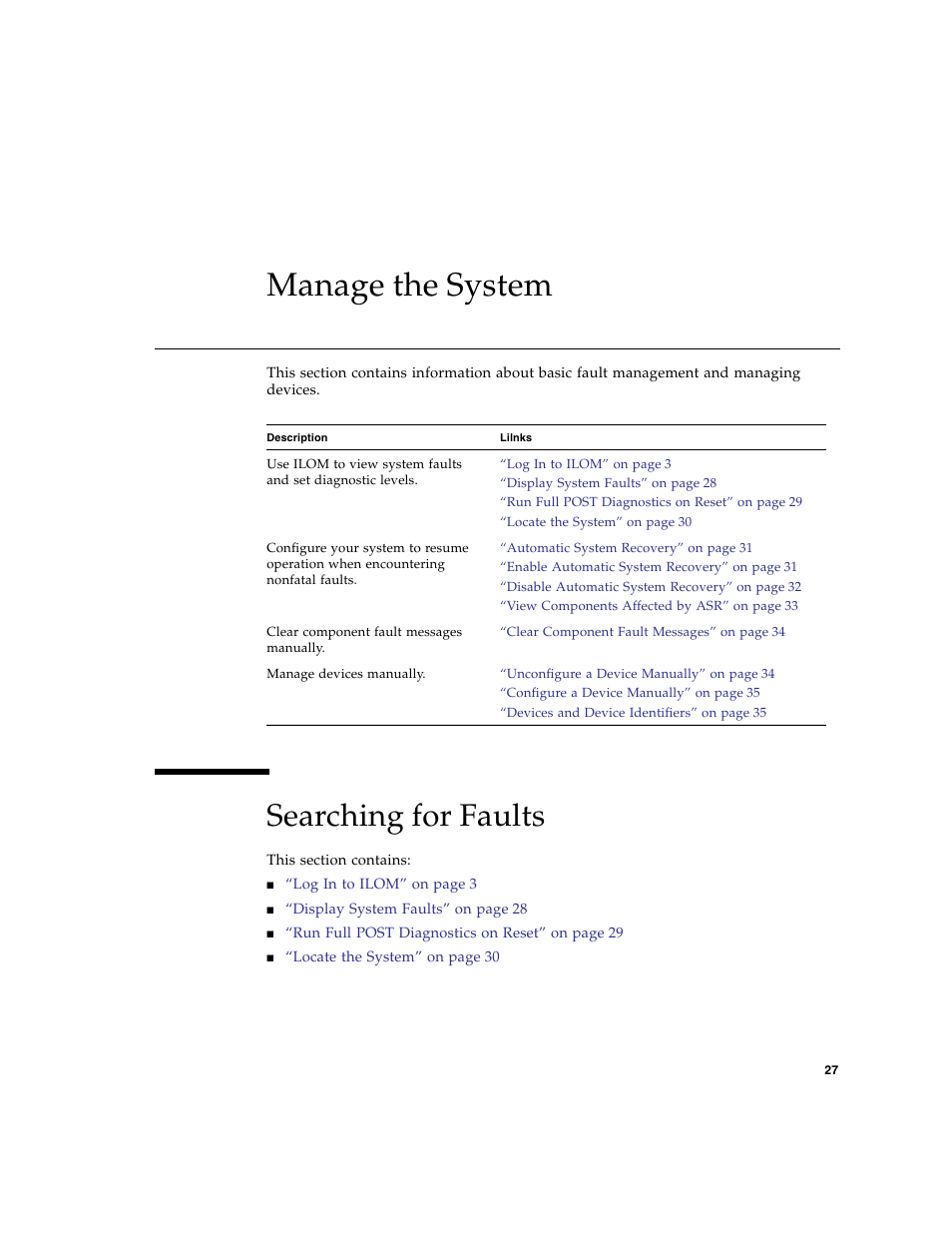 Manage the system, Searching for faults | FUJITSU Sparc Enterprise Server T5440 User Manual | Page 43 / 72