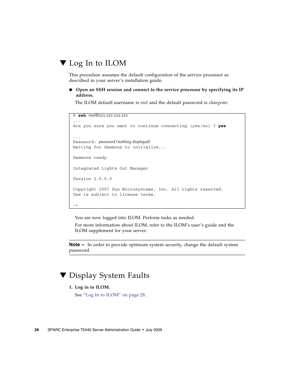 Log in to ilom, Display system faults | FUJITSU Sparc Enterprise Server T5440 User Manual | Page 44 / 72