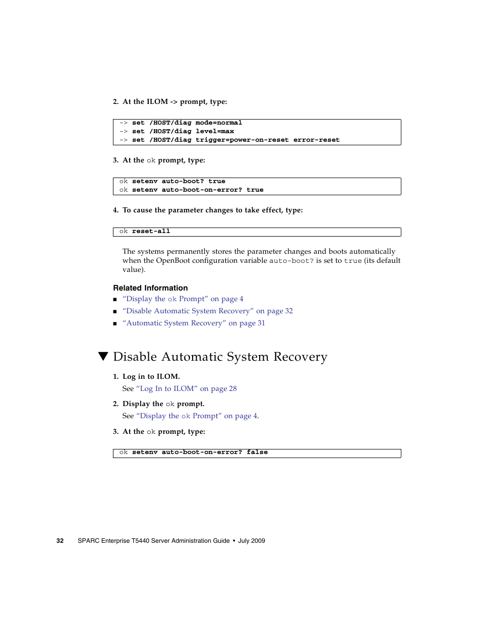 Related information, Disable automatic system recovery | FUJITSU Sparc Enterprise Server T5440 User Manual | Page 48 / 72