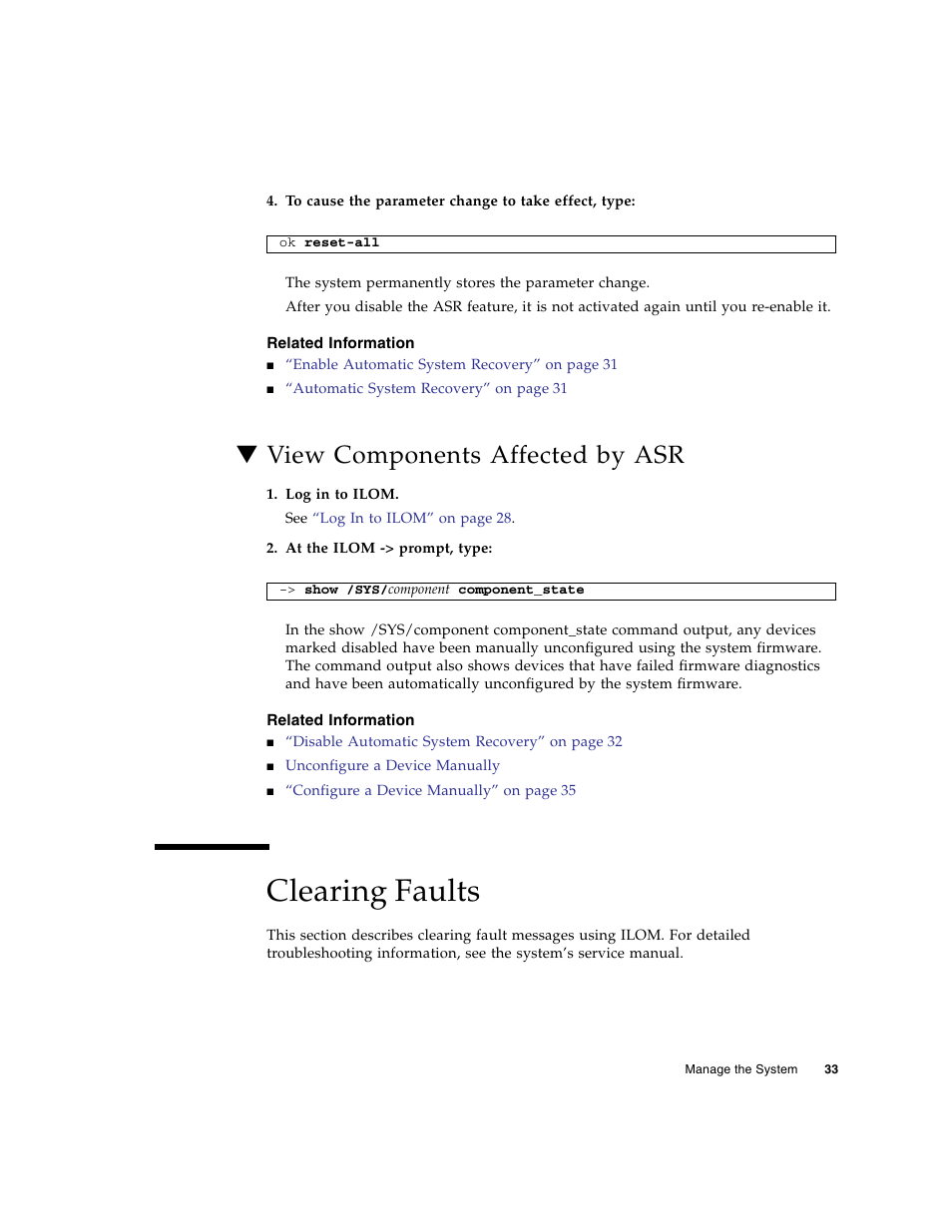 Related information, View components affected by asr, Clearing faults | FUJITSU Sparc Enterprise Server T5440 User Manual | Page 49 / 72