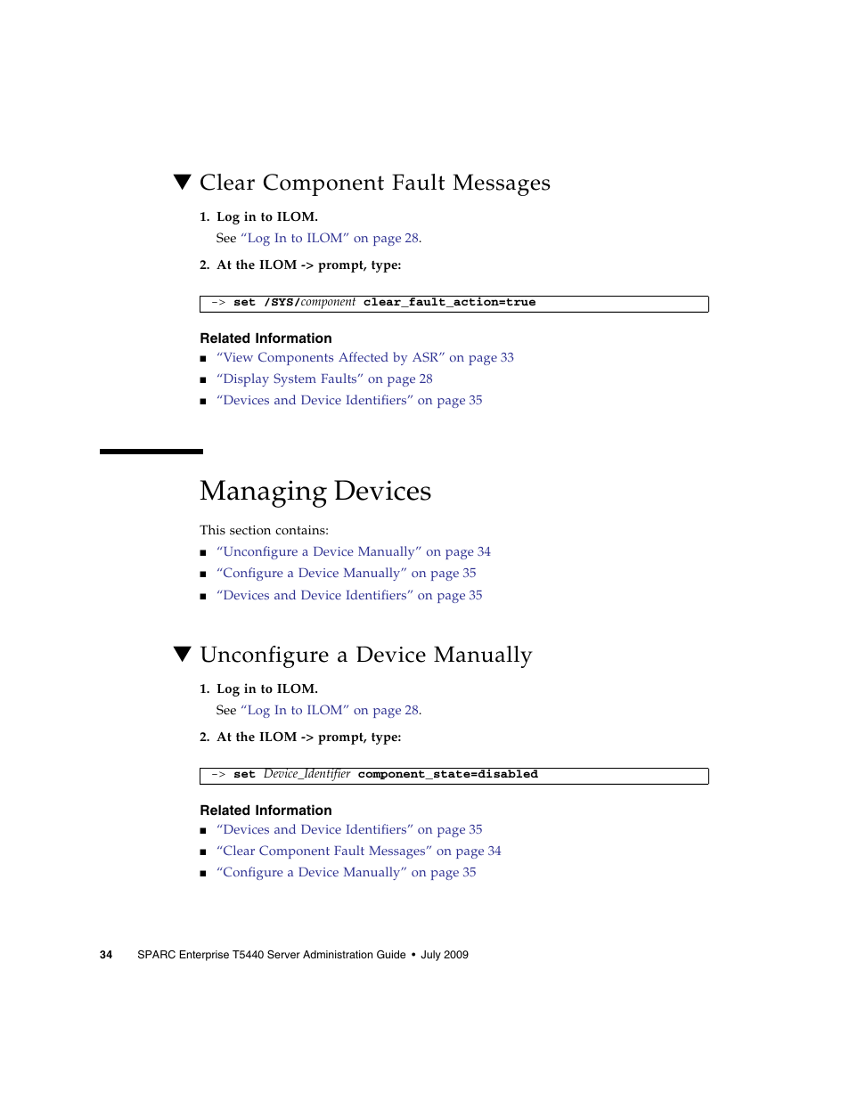 Clear component fault messages, Related information, Managing devices | Unconfigure a device manually | FUJITSU Sparc Enterprise Server T5440 User Manual | Page 50 / 72