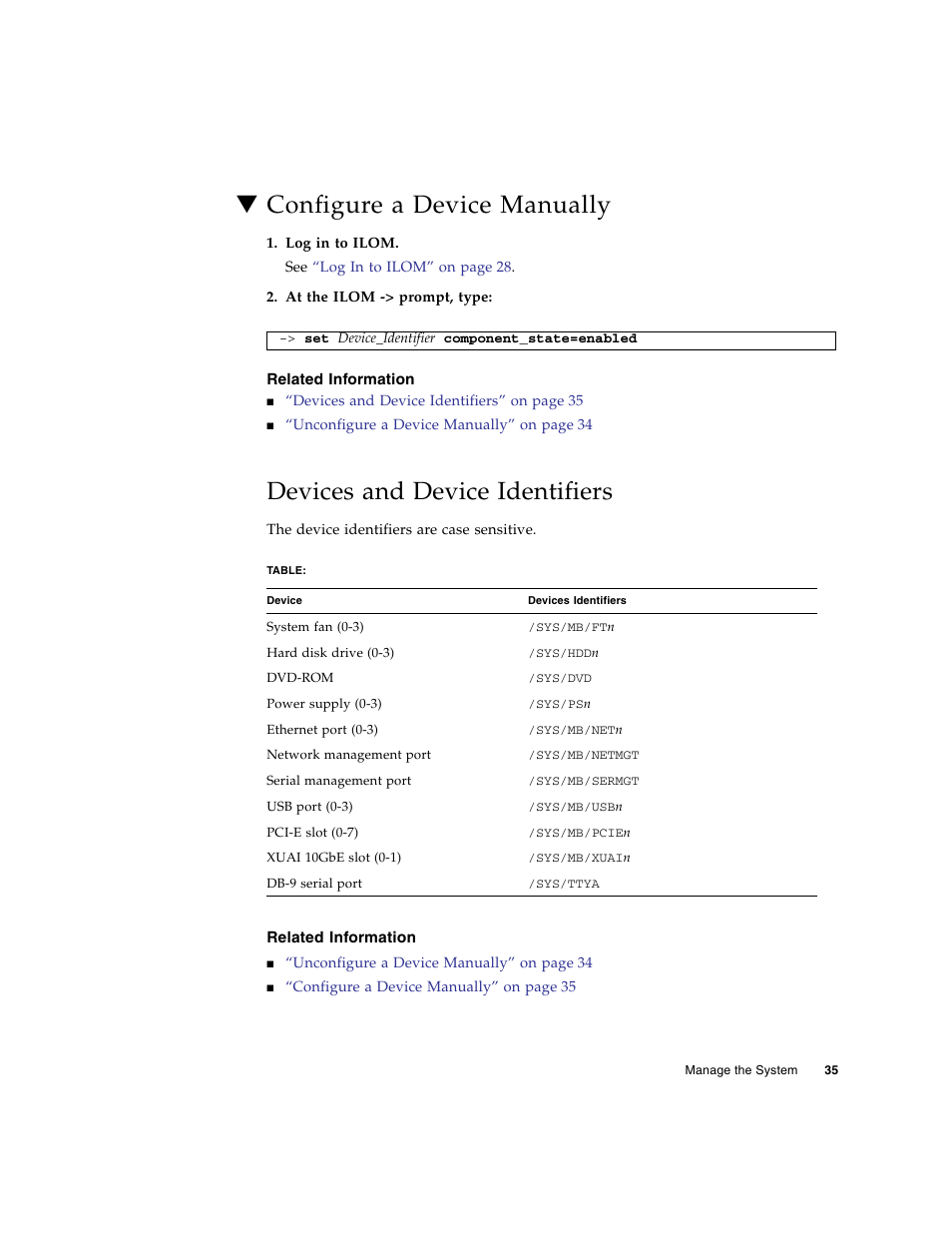 Configure a device manually, Related information, Devices and device identifiers | FUJITSU Sparc Enterprise Server T5440 User Manual | Page 51 / 72