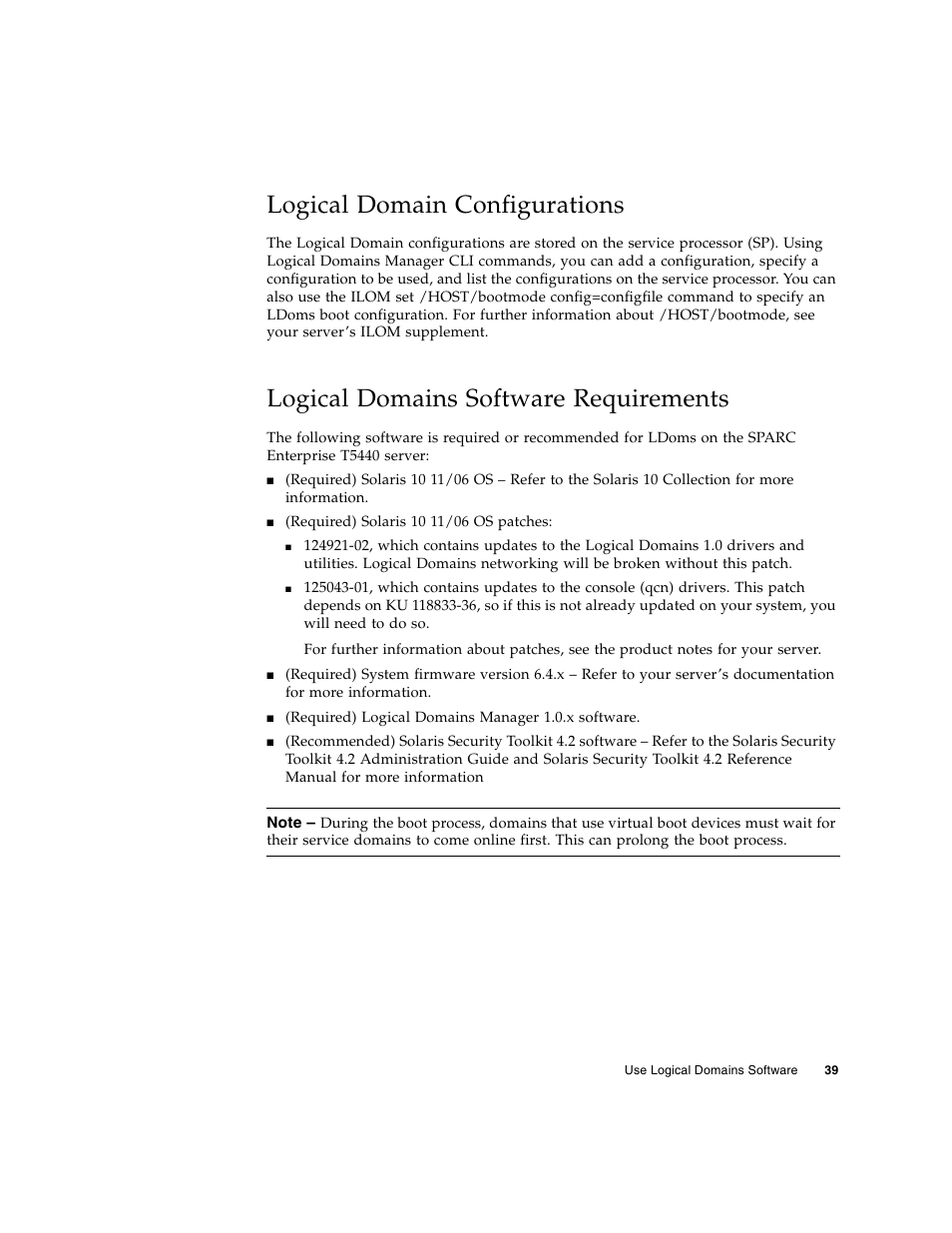 Logical domain configurations, Logical domains software requirements | FUJITSU Sparc Enterprise Server T5440 User Manual | Page 55 / 72