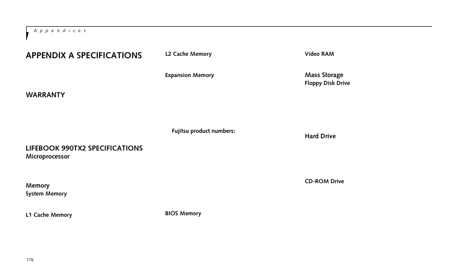 Appendix a specifications | FUJITSU LIFEBOOK 990TX2 User Manual | Page 185 / 209