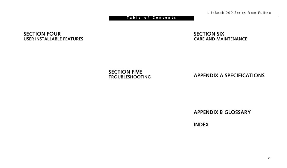 Appendix a specifications, Appendix b glossary, Index | FUJITSU LIFEBOOK 990TX2 User Manual | Page 8 / 209