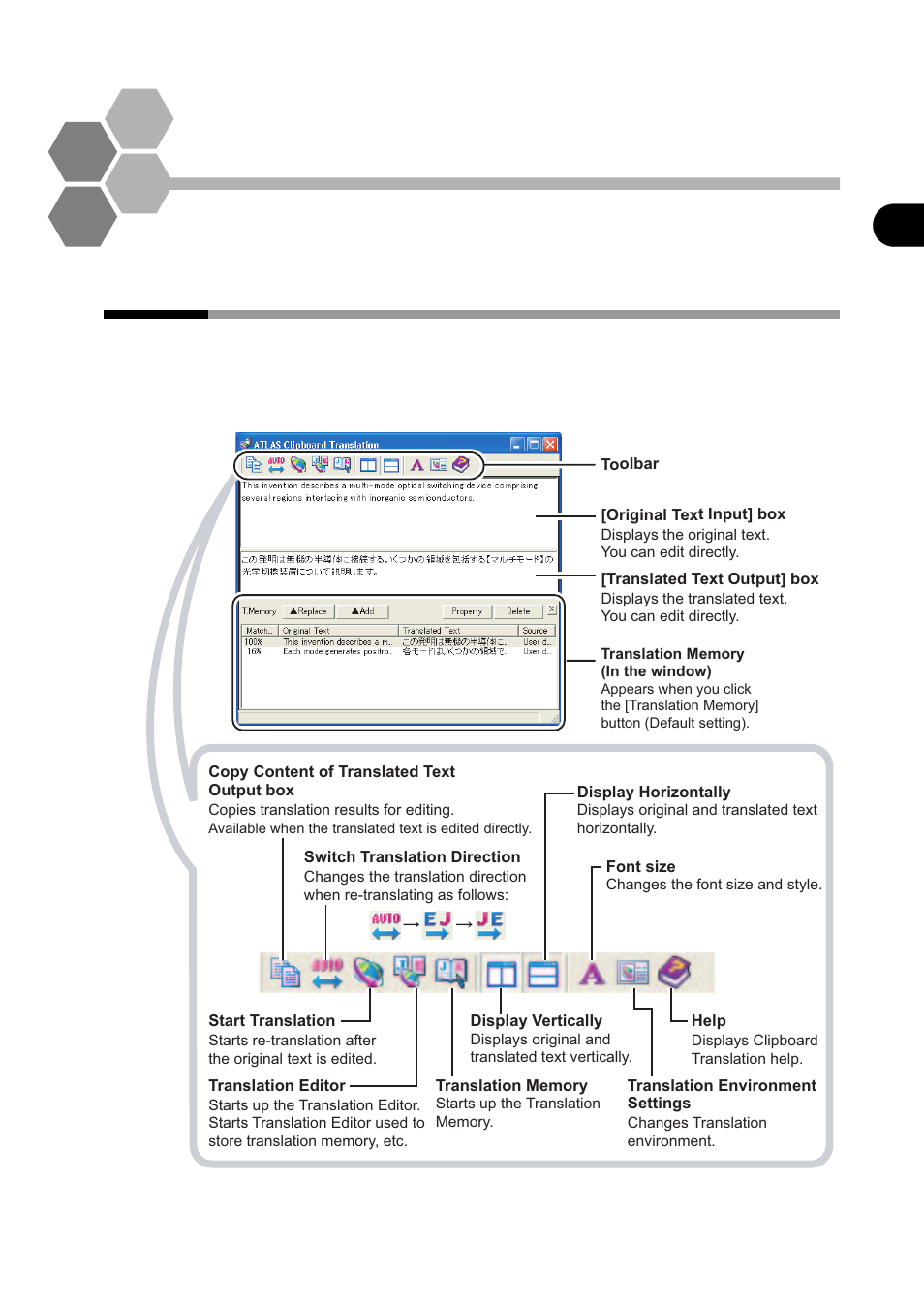 4 basic operation of clipboard translation, 1 [clipboard translation] dialog box, Chapter 4 basic operation of clipboard translation | Basic operation of clipboard translation, Clipboard translation] dialog box | FUJITSU Atlas V14 BIWD-0991-01ENK(00) User Manual | Page 110 / 302