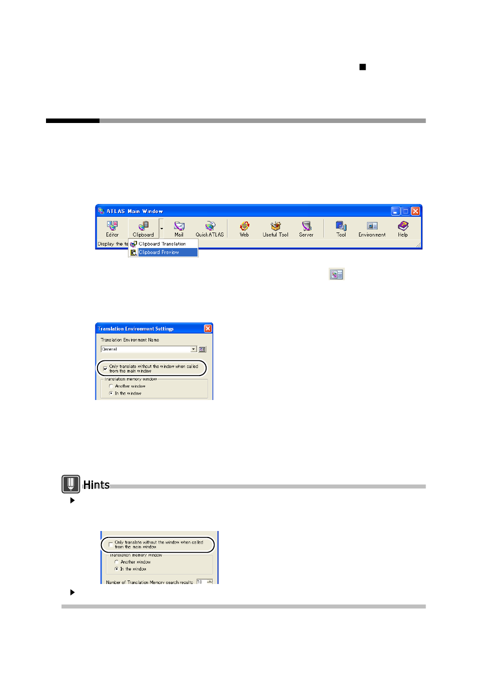 2 hiding [clipboard translation] dialog box, Hiding [clipboard translation] dialog box | FUJITSU Atlas V14 BIWD-0991-01ENK(00) User Manual | Page 111 / 302