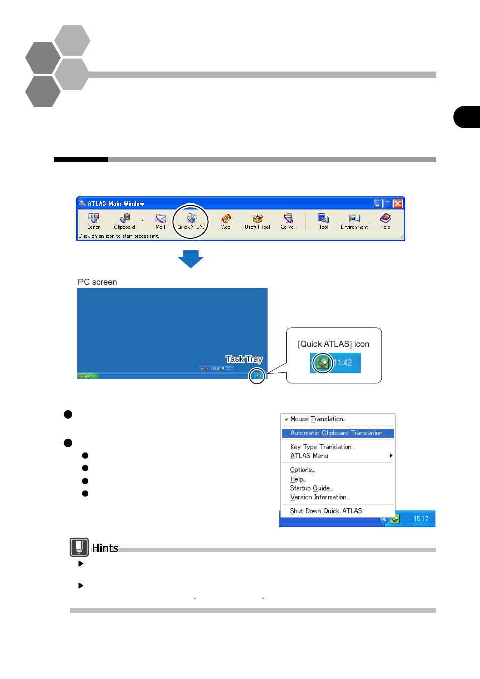 7 quick atlas basics, 1 using the [quick atlas] icon, Chapter 7 quick atlas basics | Quick atlas basics, Using the [quick atlas] icon | FUJITSU Atlas V14 BIWD-0991-01ENK(00) User Manual | Page 121 / 302